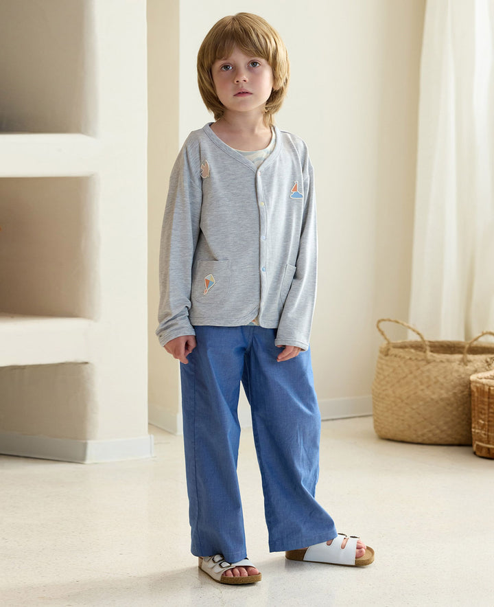 Nest Designs - Petite Revery Kids French Terry Long Sleeve Cardigan - Fog Grey