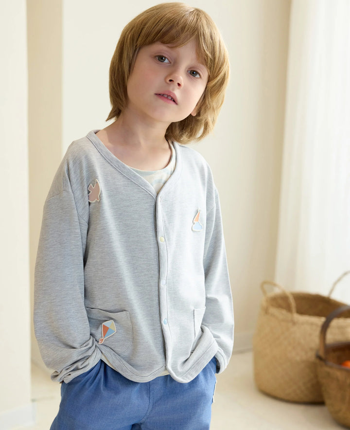 Nest Designs - Petite Revery Kids French Terry Long Sleeve Cardigan - Fog Grey