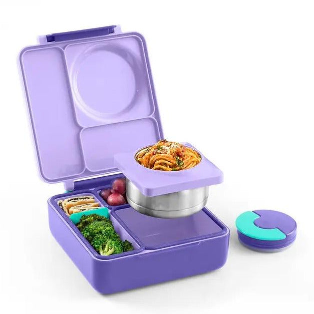 OmieBox Lunch Box with Fork, Spoon + Pod Set - Purple Plum 3-7Y