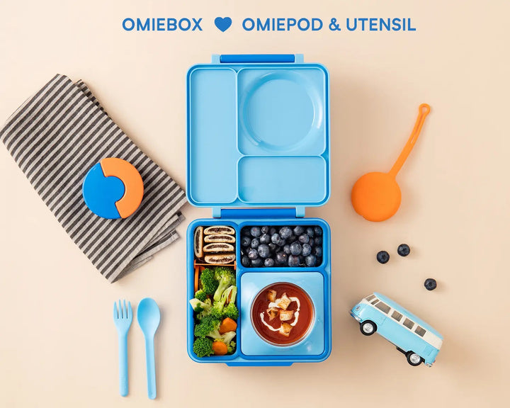 OmieBox Lunch Box with Fork, Spoon + Pod Set - Blue Sky 3-7Y