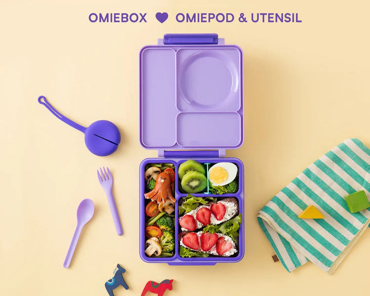 OmieBox Lunch Box with Fork, Spoon + Pod Set - Purple Plum 3-7Y