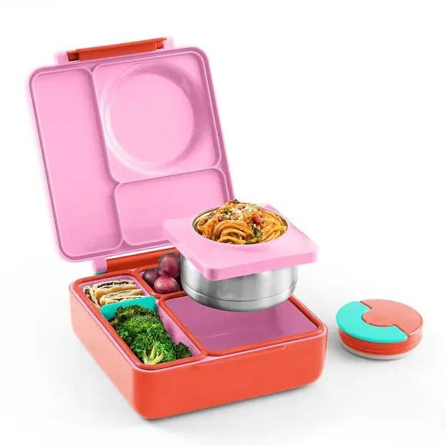 OmieBox Lunch Box with Fork, Spoon + Pod Set - Pink Berry 3-7Y