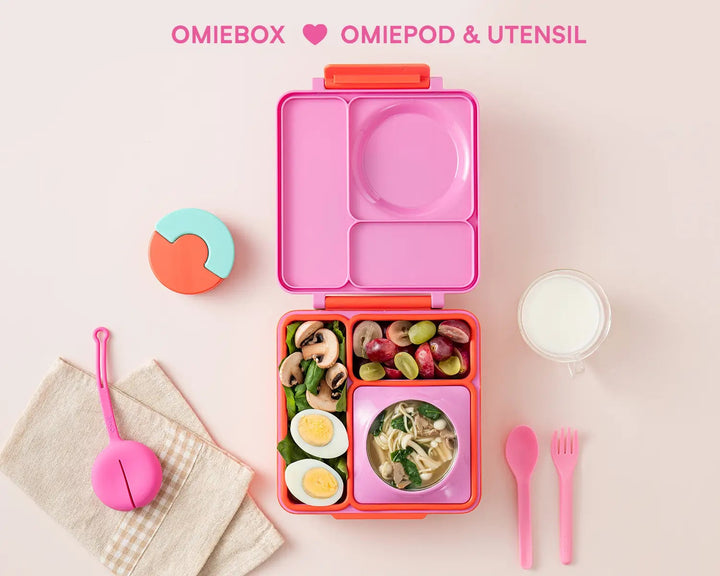 OmieBox Lunch Box with Fork, Spoon + Pod Set - Pink Berry 3-7Y