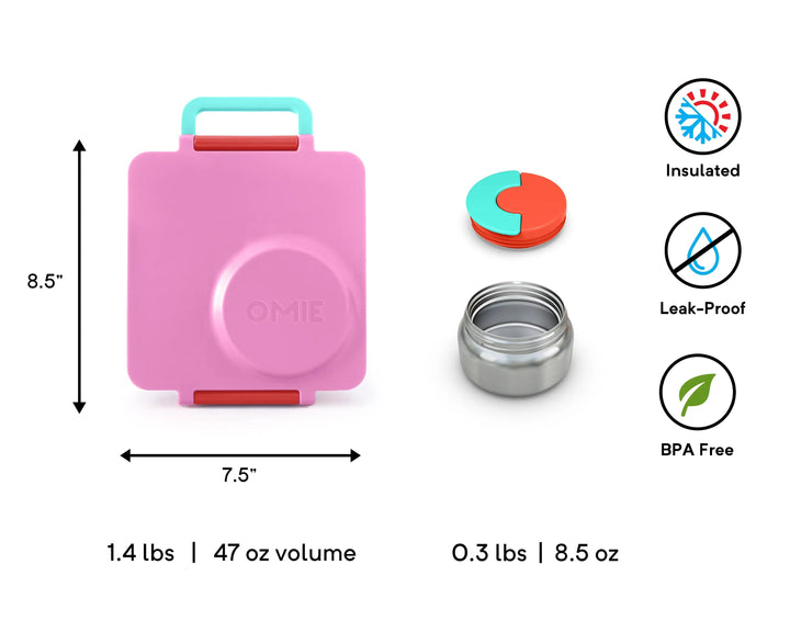 OmieBox Lunch Box with Fork, Spoon + Pod Set - Pink Berry 3-7Y
