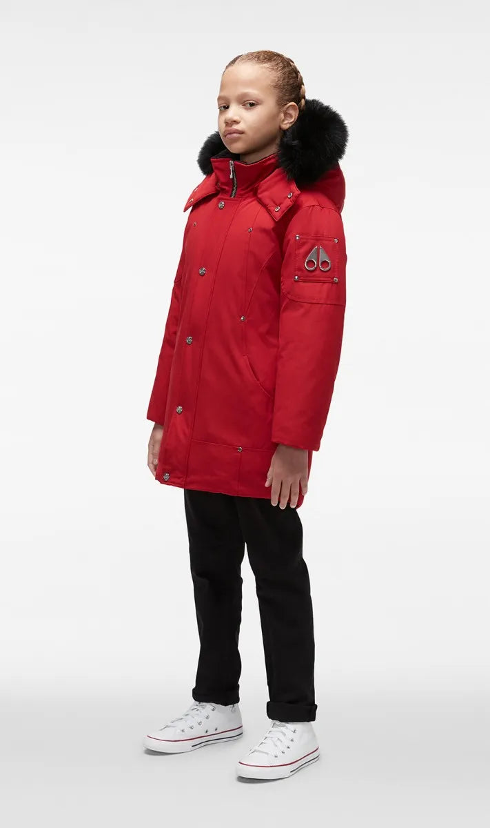 Moose Knuckles Kids Unisex Original Parka Winter Coat in Deep Red / Black Fox Fur