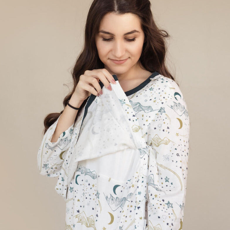 Nest Women's Bamboo Pima Long Sleeve Nursing Pj Set - Stars White