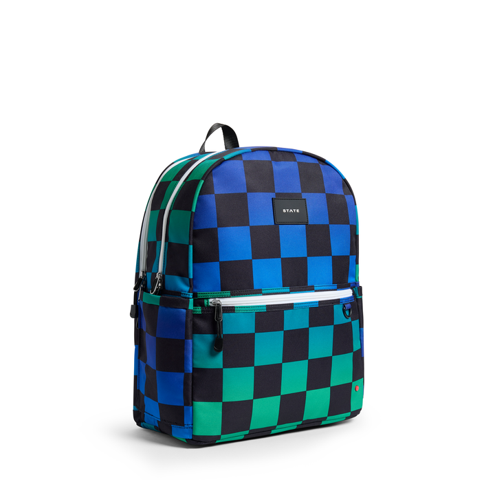 >State Bags Kane Kids Double Pocket Large Backpack in Blue Checkerboard