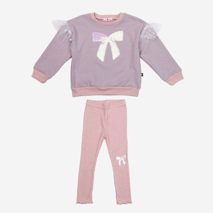 >Petite Hailey Girl Glitter Bow Frill Sweatshirt Set - Pink