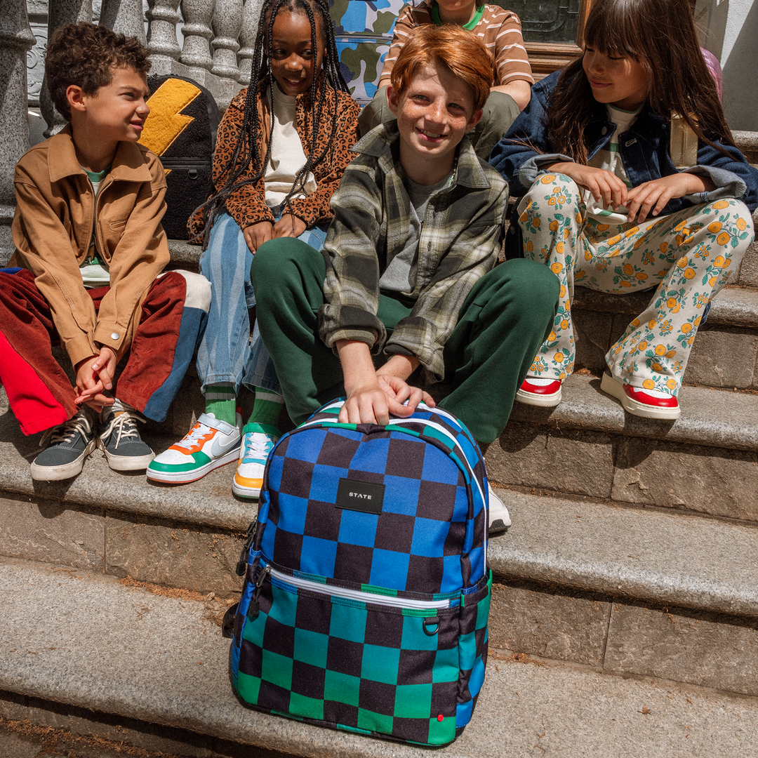 >State Bags Kane Kids Double Pocket Large Backpack in Blue Checkerboard