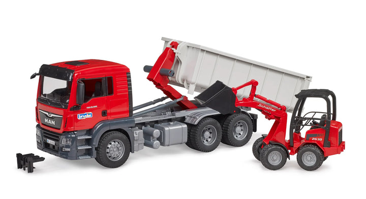 >Bruder 03767 MAN TGS Truck w Roll-off container w Schaeffer comp loader repl