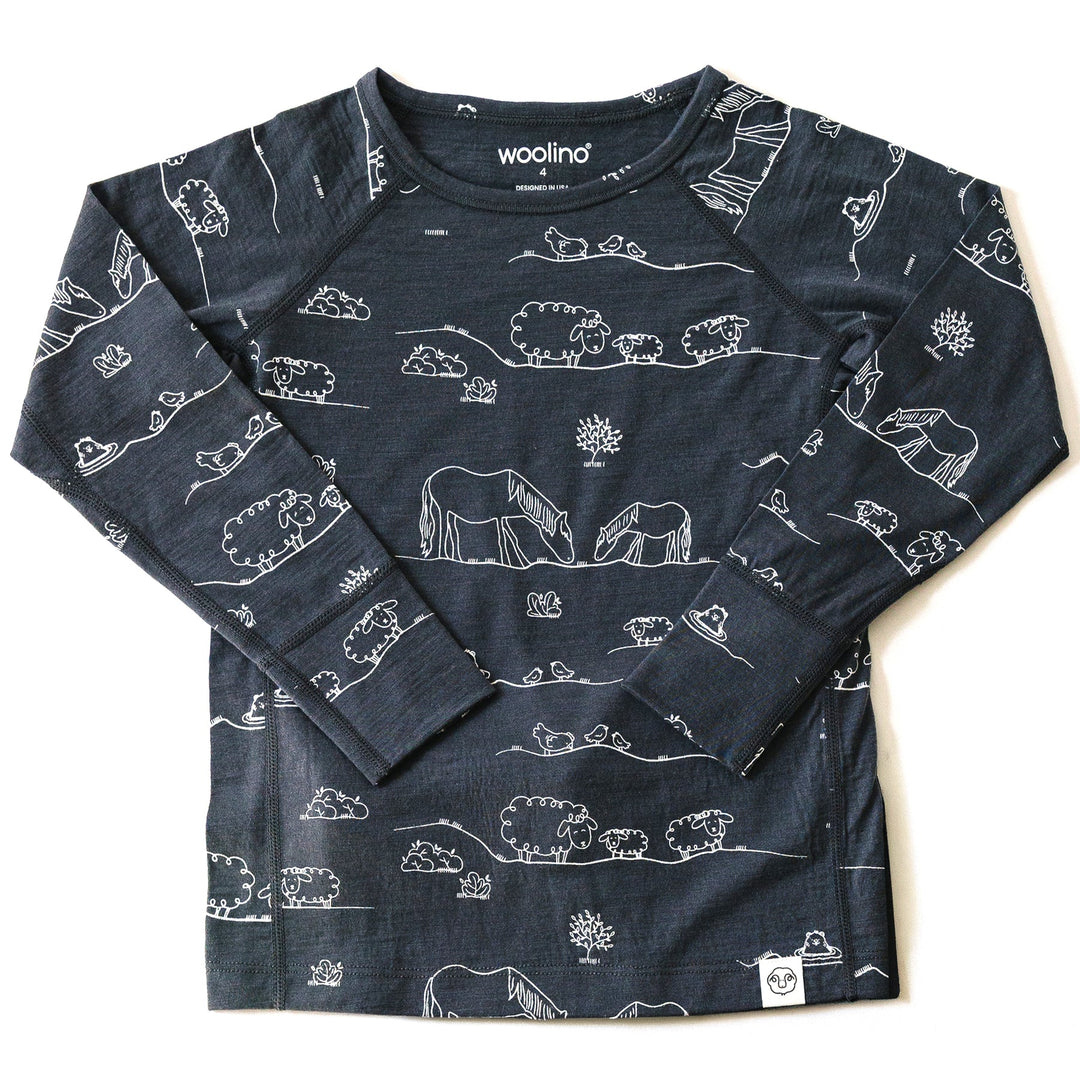 >Woolino Kids Merino Wool Base Layer Long Sleeve Top + Leggings Set - Farm