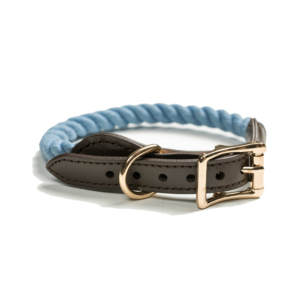 Tinklylife Dog Knit Collar - Blue+Brown Leather