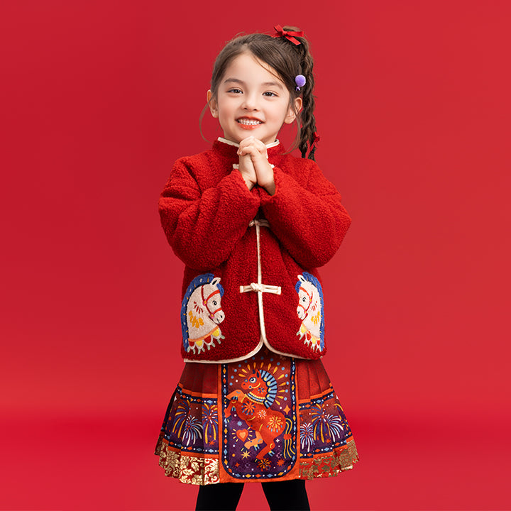 >Nian 年衣 喜乐戏马加绒外套 - 年衣红