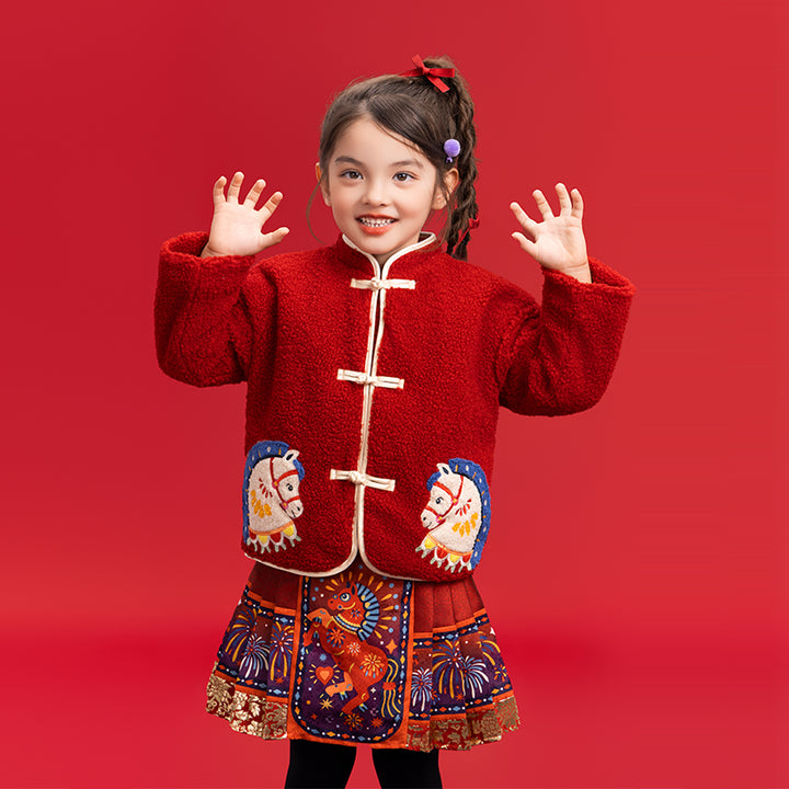 >Nian 年衣 喜乐戏马加绒外套 - 年衣红