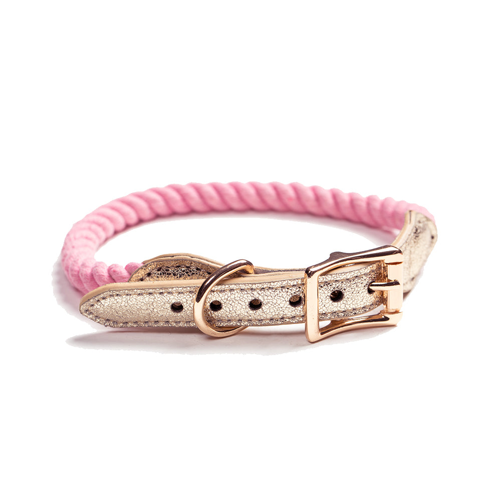 Tinklylife Dog Knit Collar - Pink+Gold Leather