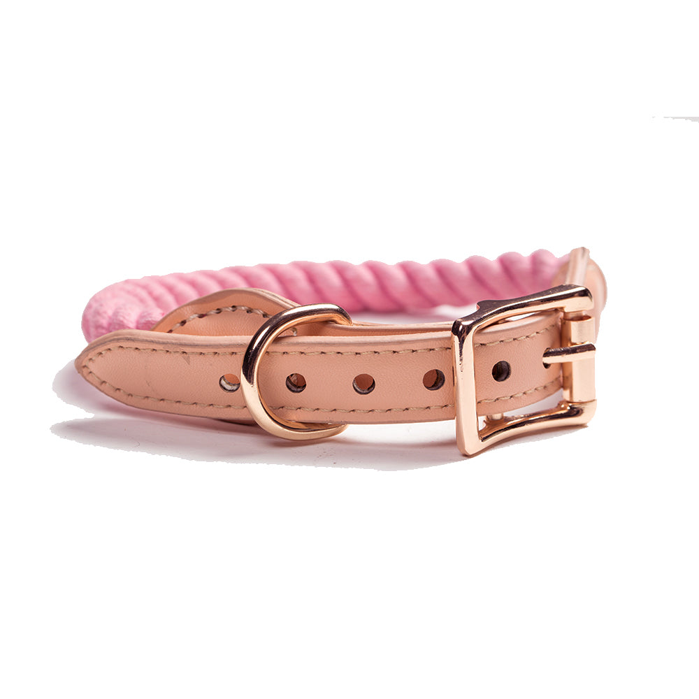 Tinklylife Dog Knit Collar - Pink+Natural Leather