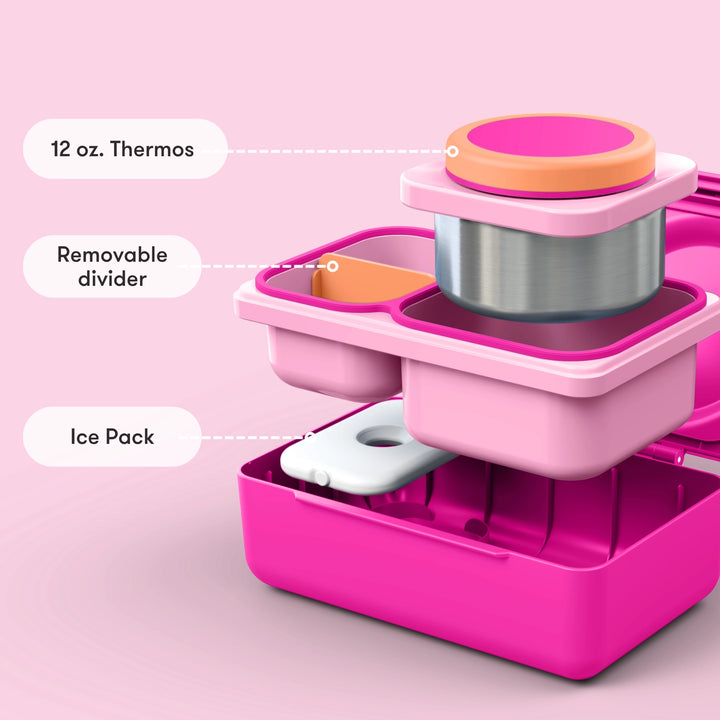 >OmieBox UP Lunch Box with Fork, Spoon + Pod Set - Pop Pink 9Y+