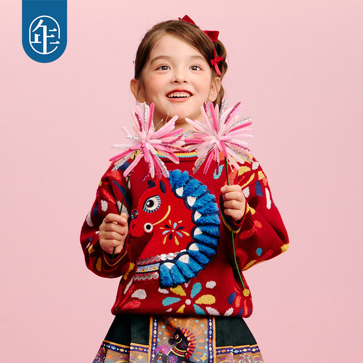>Nian 年衣 盛世乐马毛衣 - 年衣红