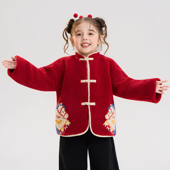 >Nian 年衣 喜乐戏马加绒外套 - 年衣红