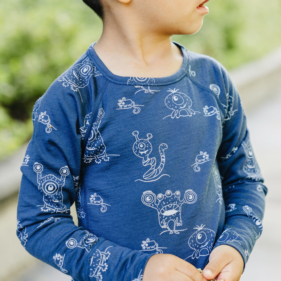 >Woolino Kids Merino Wool Base Layer Long Sleeve Top + Leggings Set - Monster