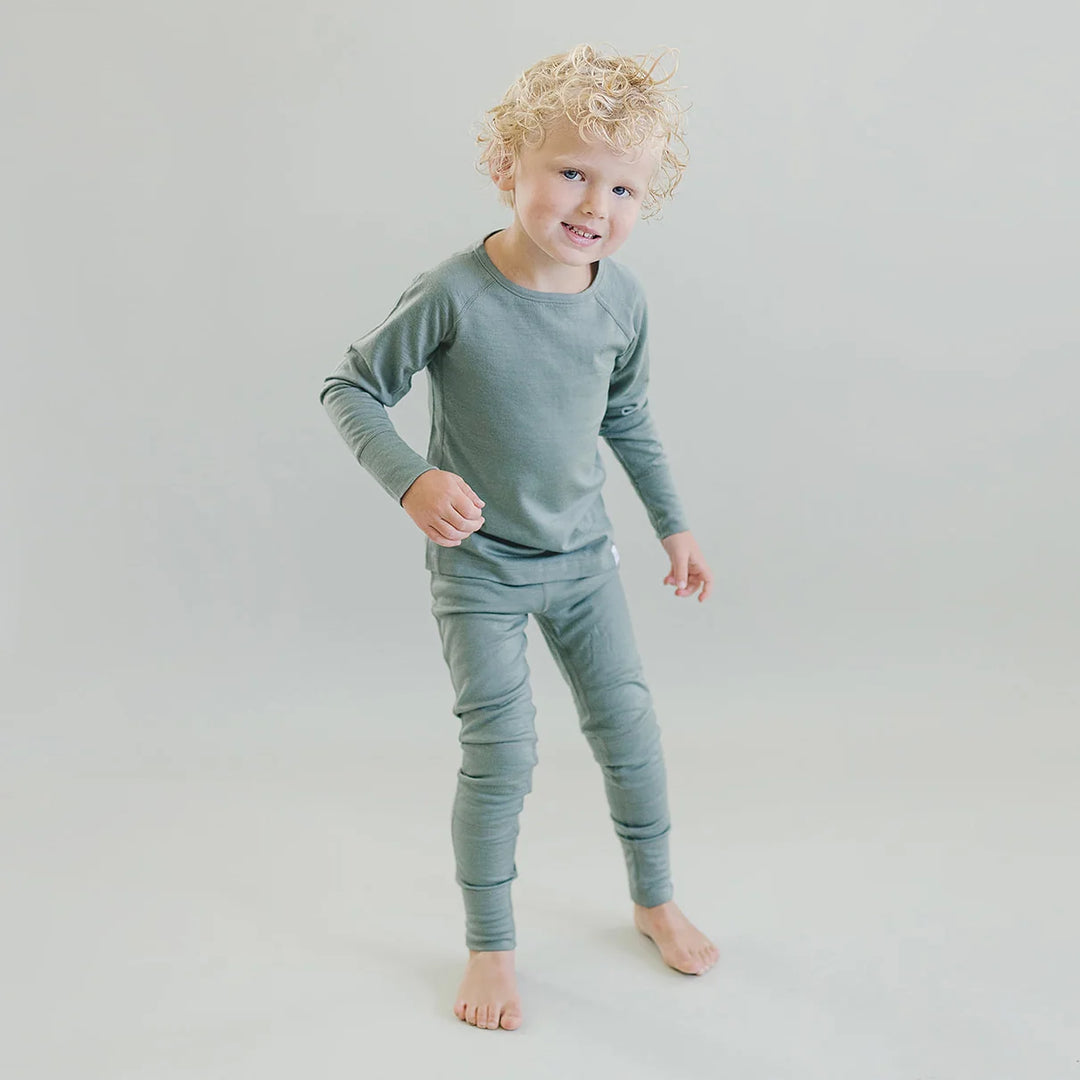 >Woolino Kids Merino Wool Base Layer Long Sleeve Top + Leggings Set - Sage