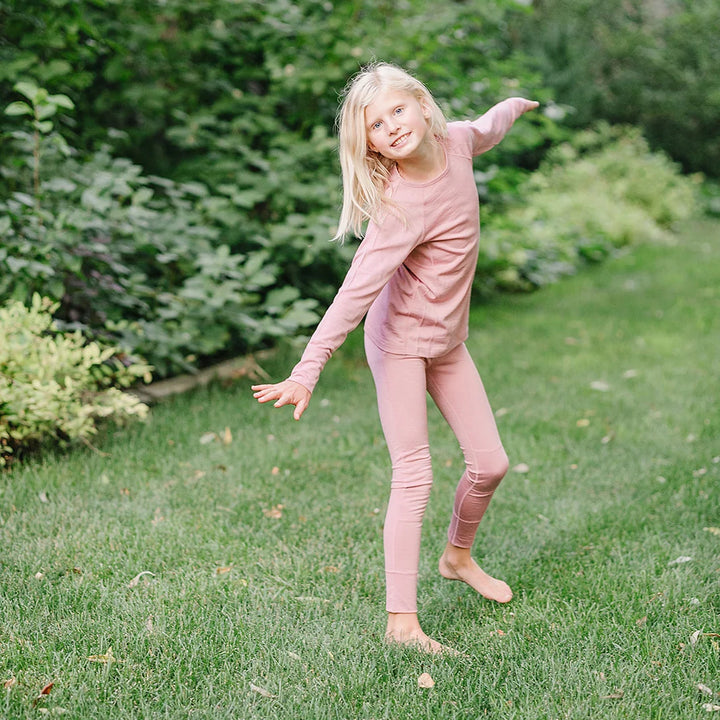 >Woolino Kids Merino Wool Base Layer Long Sleeve Top + Leggings Set - Blush Pink