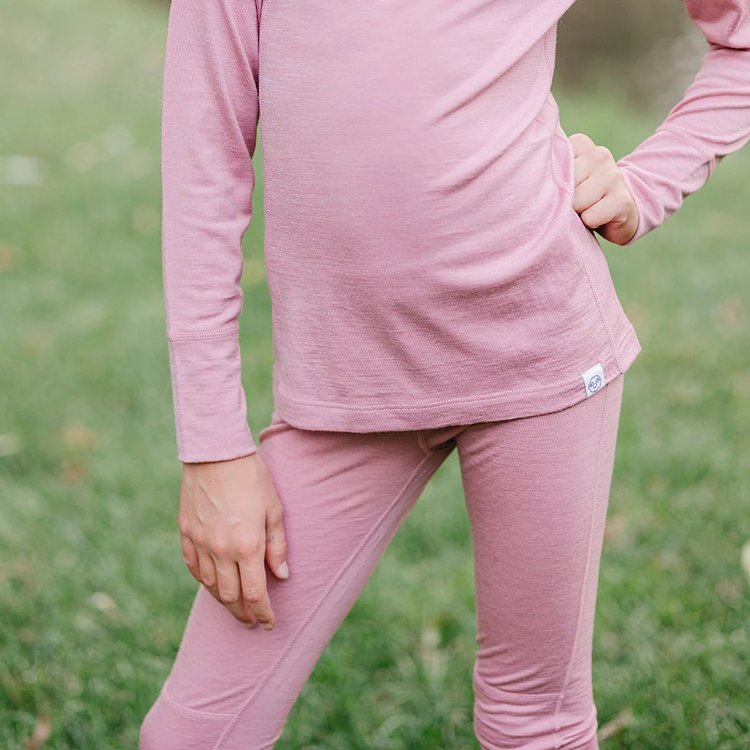 >Woolino Kids Merino Wool Base Layer Long Sleeve Top + Leggings Set - Blush Pink