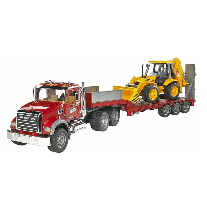 >Bruder 02813 MACK Granite Flatbed Truck w/ JCB Loader Backhoe 36.8 x 7.3 x 10.4 in