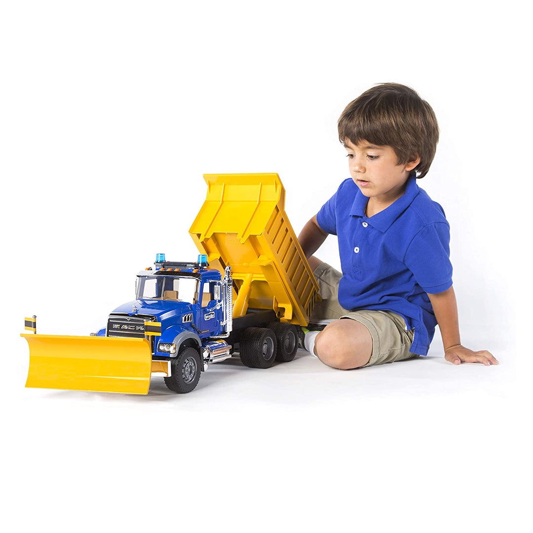 >Bruder 02825 MACK Granite Dump Truck with Snow Plow Blade for Construction and Farm Pretend Play with Light & Sound Module
