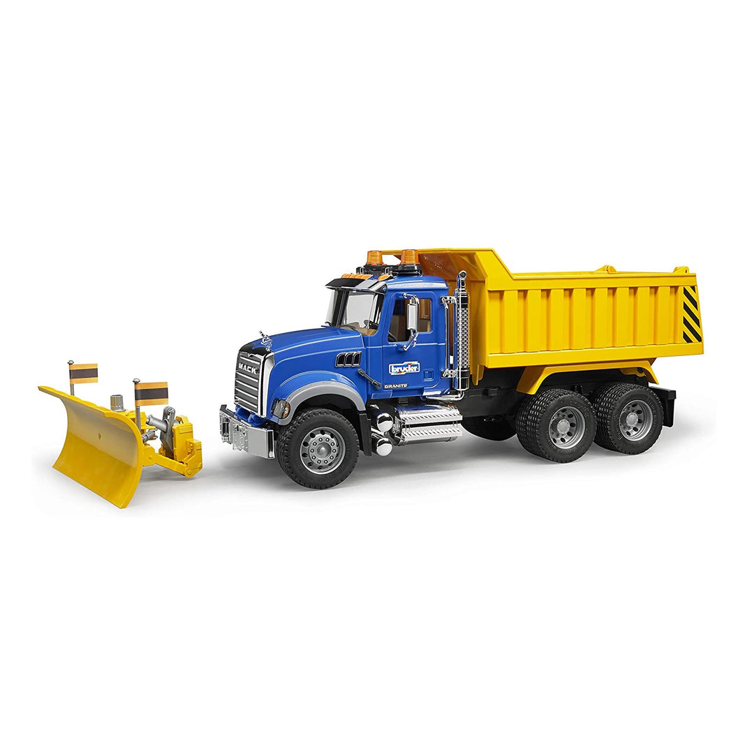 >Bruder 02825 MACK Granite Dump Truck with Snow Plow Blade for Construction and Farm Pretend Play with Light & Sound Module