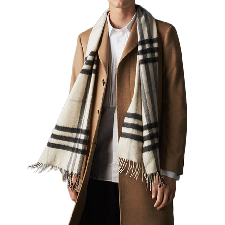 Burberry Classic Cashmere Fringed Check Scarf - Natural White