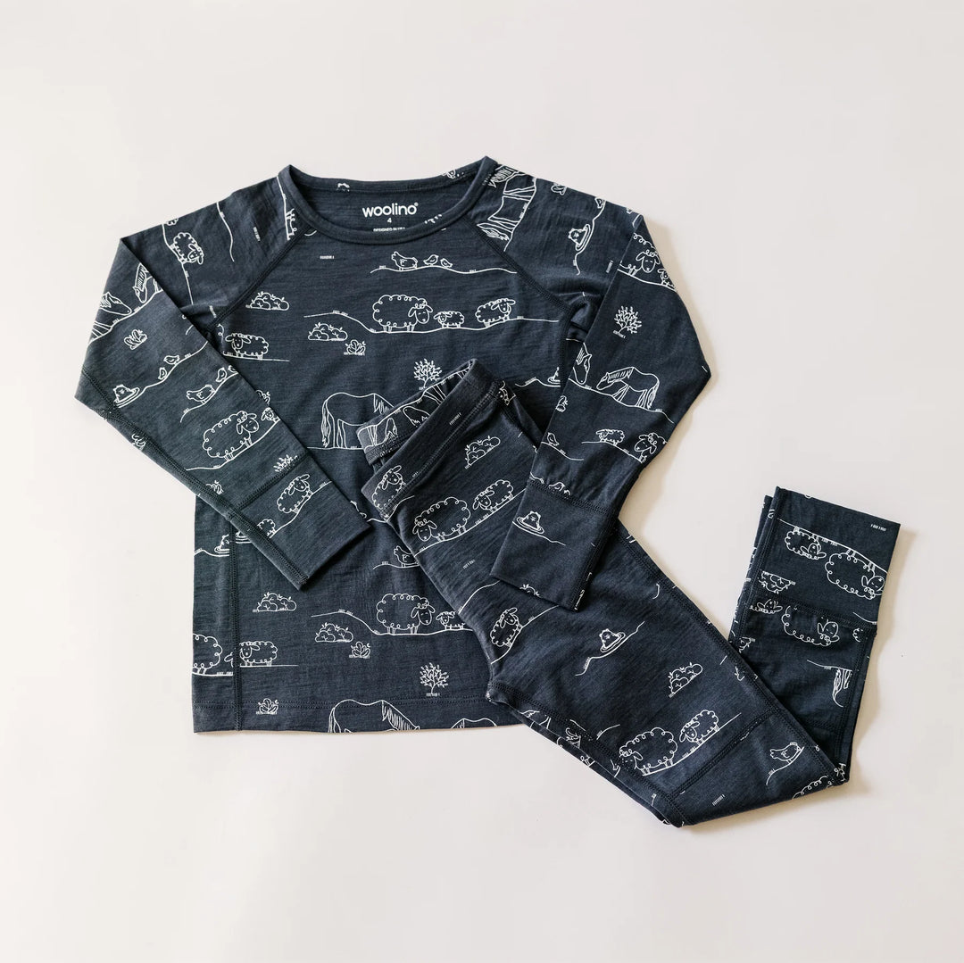 >Woolino Kids Merino Wool Base Layer Long Sleeve Top + Leggings Set - Farm