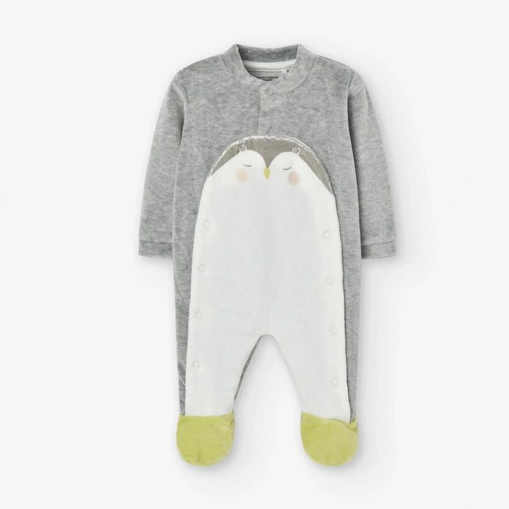 Losan Baby PENGUIN Velour Sleepsuit - Grey/White - Newborn