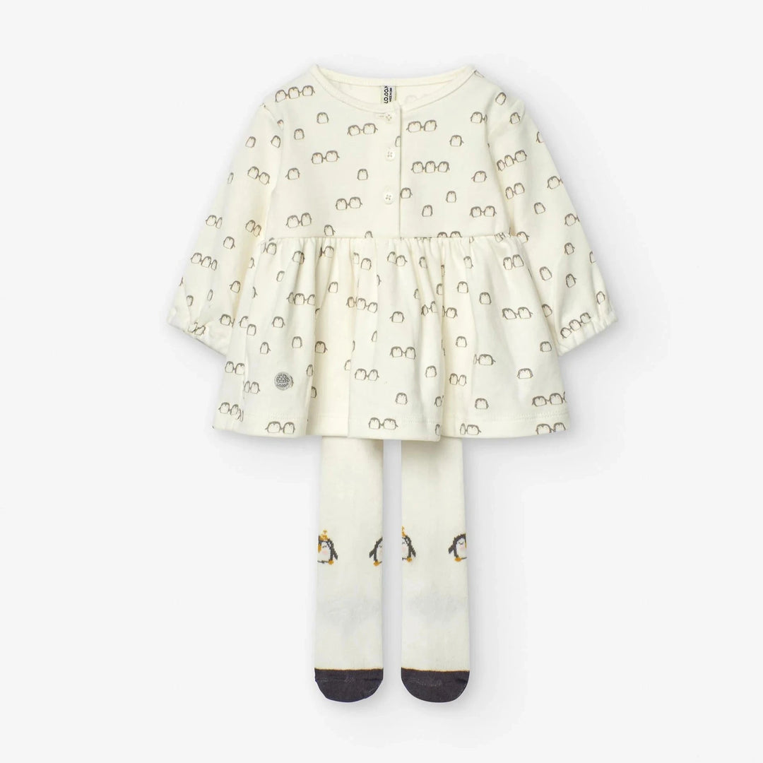 Losan Baby Girl Penguin White Dress + Tights Set - Newborn