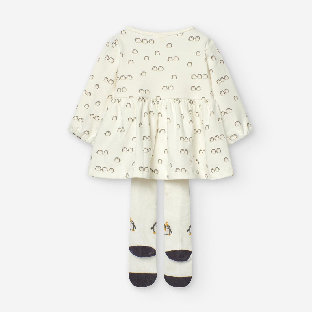 Losan Baby Girl Penguin White Dress + Tights Set - Newborn