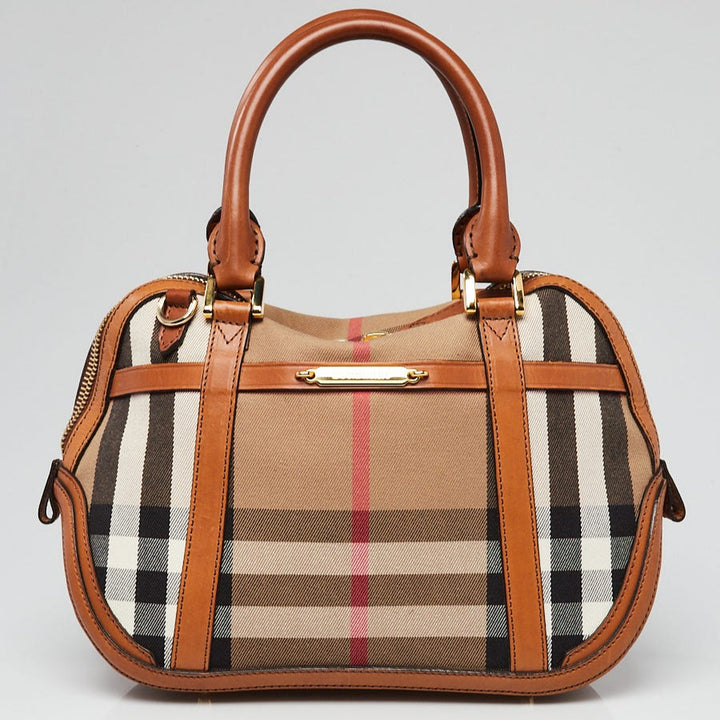 Burberry Brown Leather House Check Canvas Small Orchard Bowling Bag