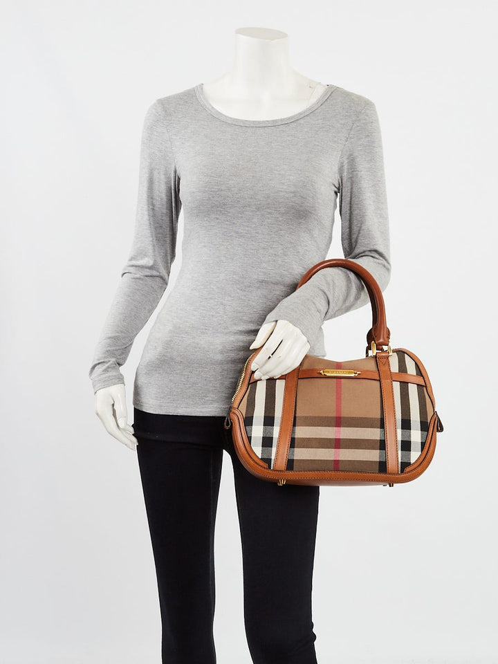 Burberry Brown Leather House Check Canvas Small Orchard Bowling Bag