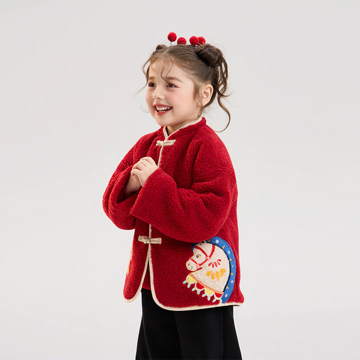 >Nian 年衣 喜乐戏马加绒外套 - 年衣红