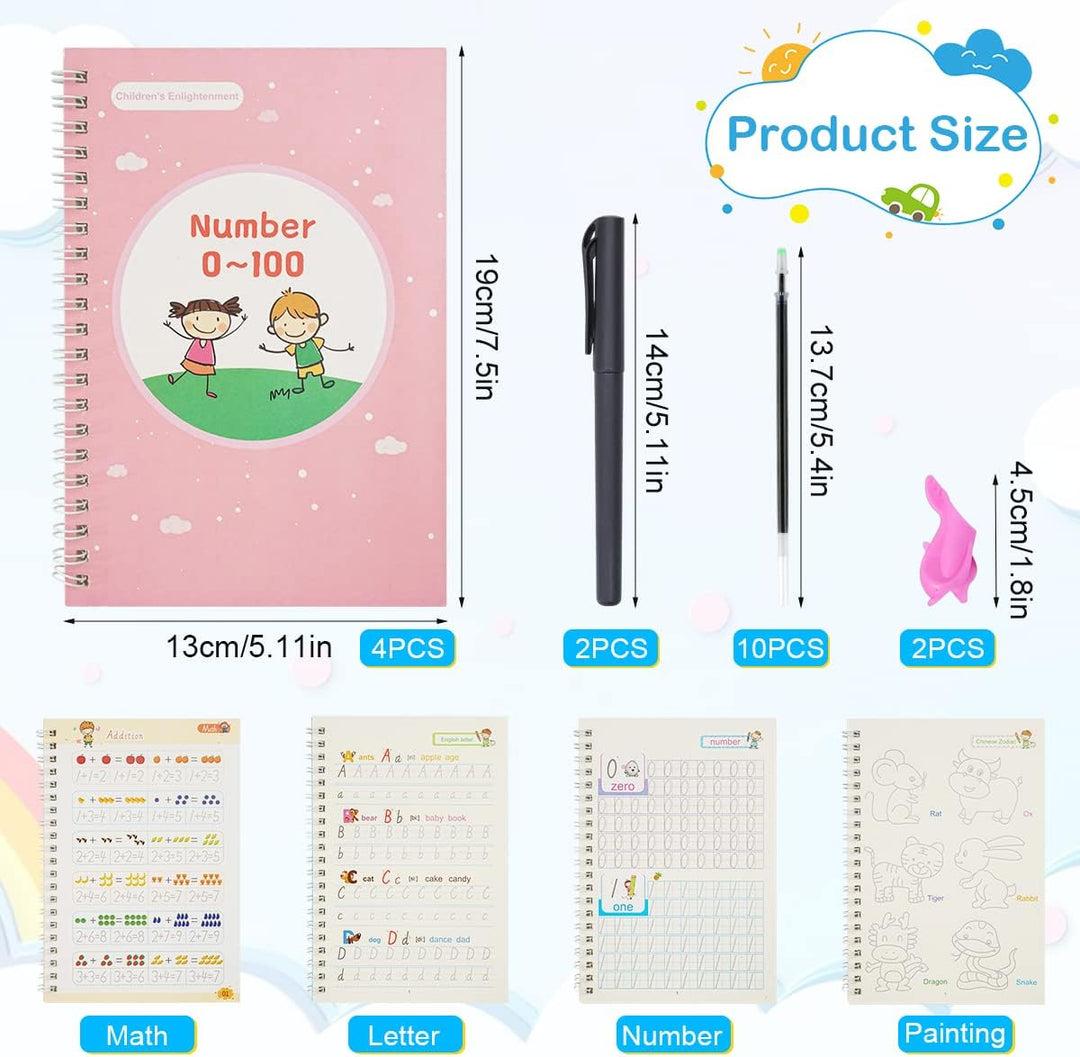 Pack of 4 Magic Exercise Books with Pen, Tools, Reusable Calligraphy for Children