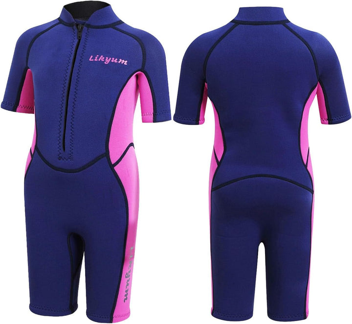 Kids 3mm Neoprene Short Swim Wetsuit - One-Piece Front Zip UV Protection in Pink