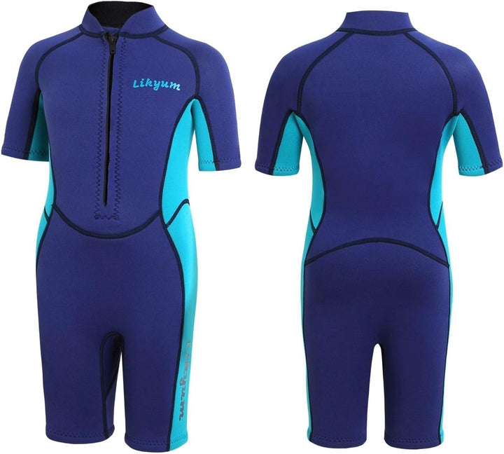 Kids 3mm Neoprene Short Swim Wetsuit - One-Piece Front Zip UV Protection in Blue