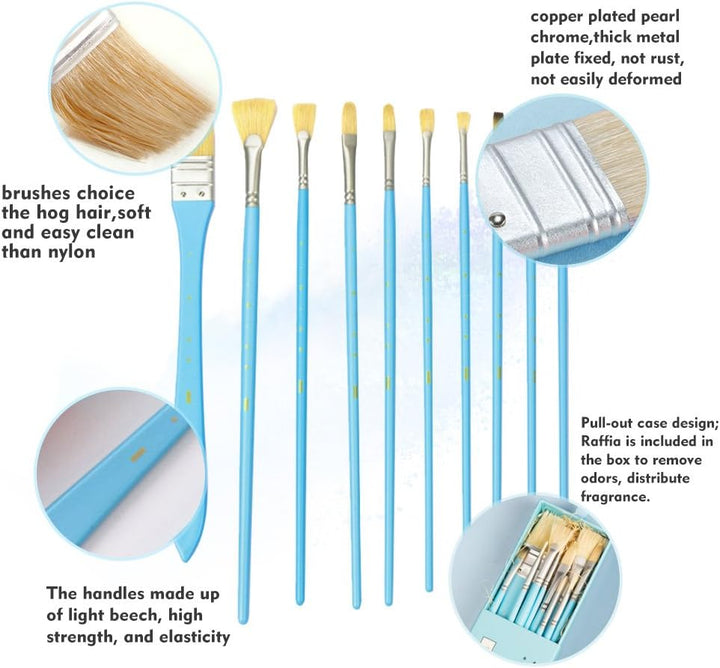 10 Pcs Artist Paint Brushes Set (Acrylic Oil Watercolor Painting) - Blue