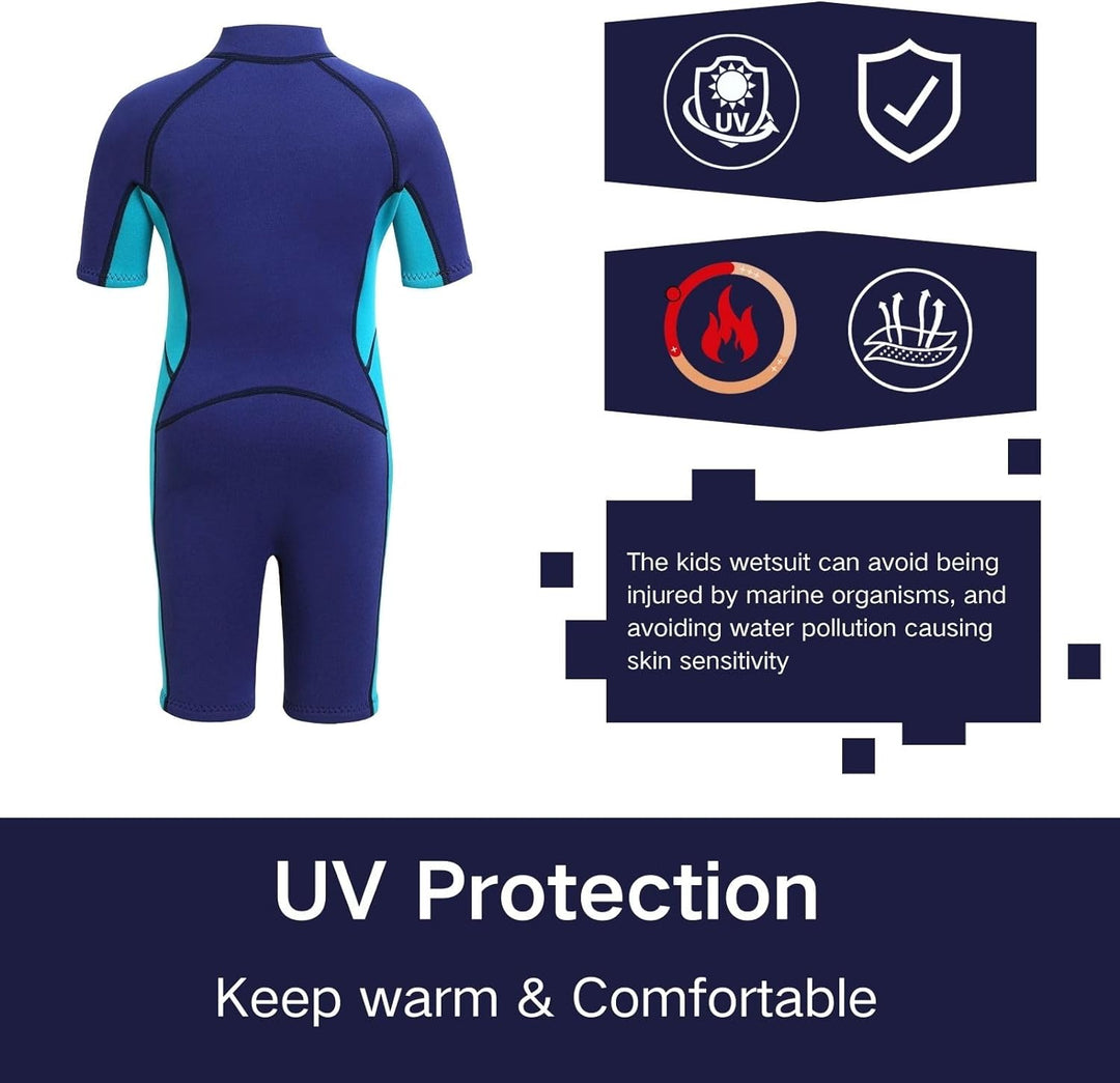 Kids 3mm Neoprene Short Swim Wetsuit - One-Piece Front Zip UV Protection in Blue