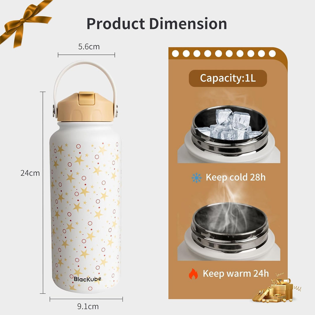 Stainless Steel Thermos BPA-Free Drinking Bottle with Straw 32 oz / 1 L