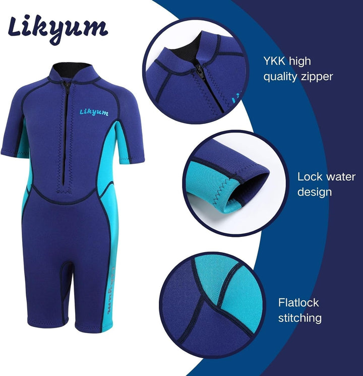 Kids 3mm Neoprene Short Swim Wetsuit - One-Piece Front Zip UV Protection in Blue