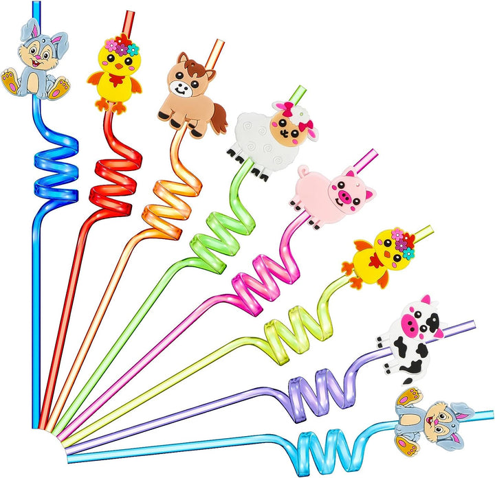 Potchen 8 Reusable Farm Animal Plastic Straws [No Retail Packing]