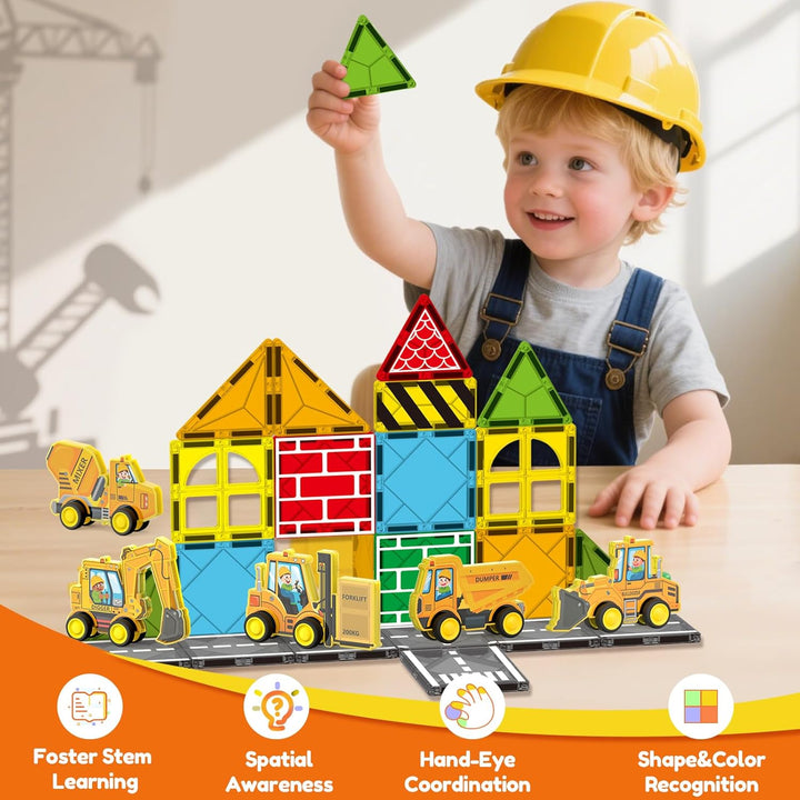 Magnetic Tiles Engineer Expansion Pack – 5 Pcs Construction Vehicles + 25 Pcs Road Building Magnetic Blocks