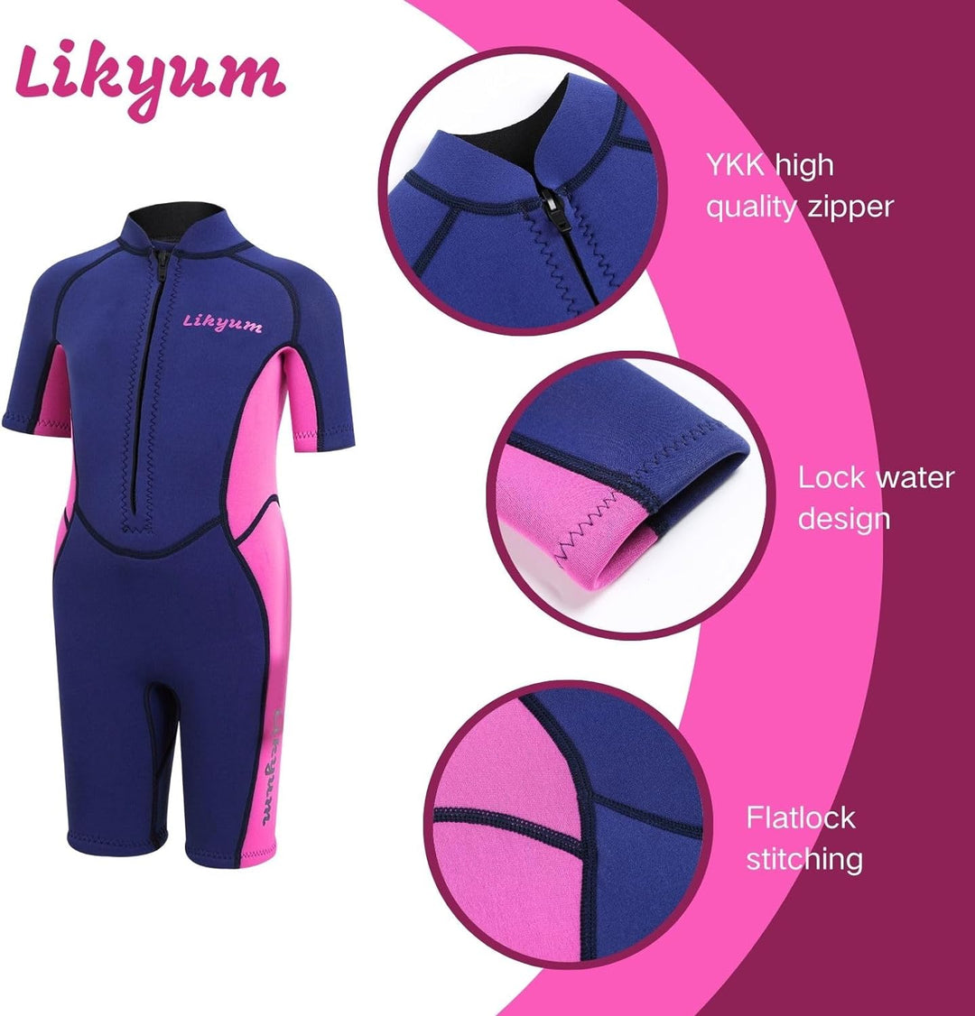 Kids 3mm Neoprene Short Swim Wetsuit - One-Piece Front Zip UV Protection in Pink