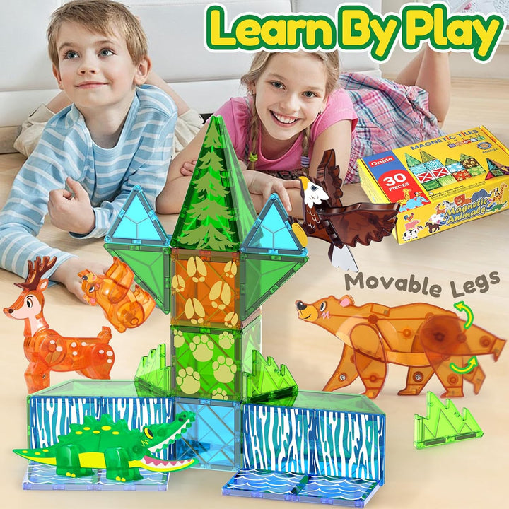 STEM Toy Magnetic Tiles - Jungle Animals, 30 Pieces