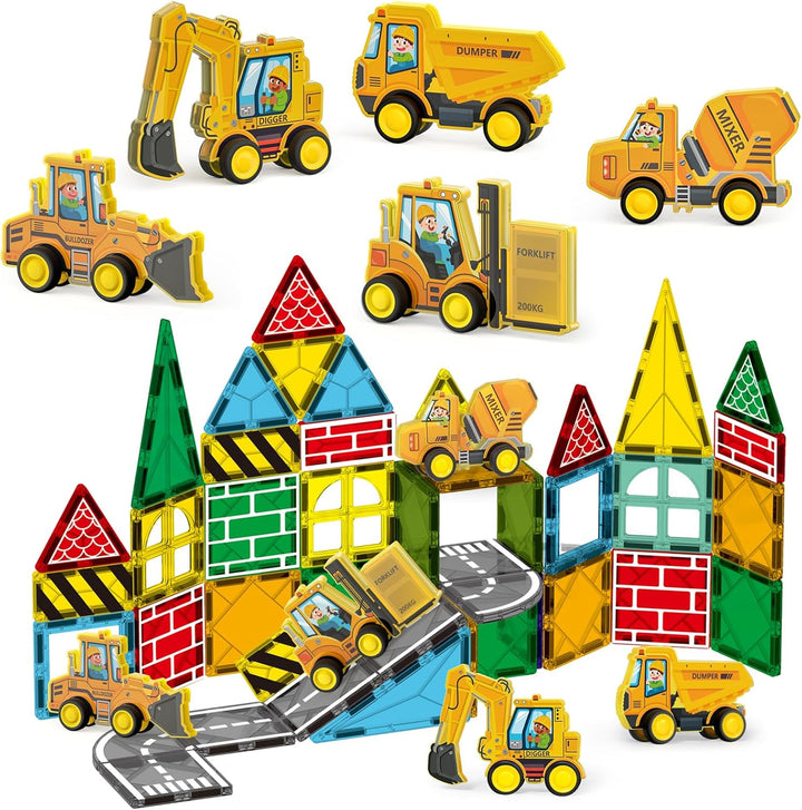 Magnetic Tiles Engineer Expansion Pack – 5 Pcs Construction Vehicles + 25 Pcs Road Building Magnetic Blocks